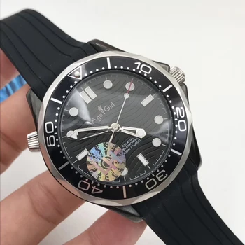 

Classic New Men Automatic Mechanical Watch Silver Black Rubber Canvas James Bond 007 Ceramic Crystal Sapphire Glass Back