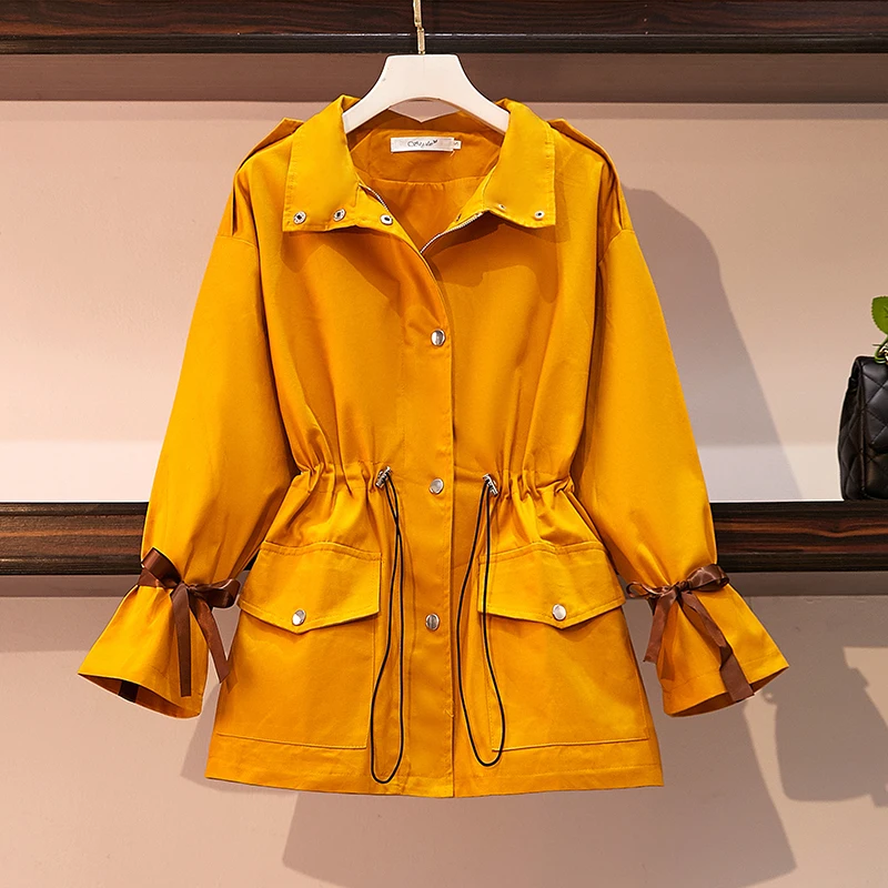 

L-4XL Plus Size Women Oversized Jacket Autumn 2019 Fashion Solid Color Bow Long Sleeve Drawstring Waist Loose Casual Coats