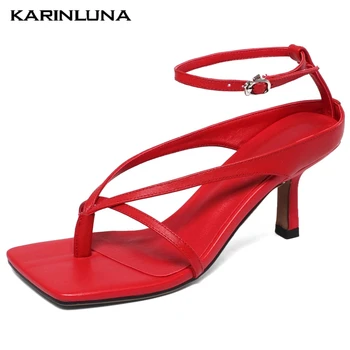 

Karinluna On Sale New INS Hot Luxury Square Sole Genuine Leather High Heels Party Summer Skin Sandals Woman Shoes Women