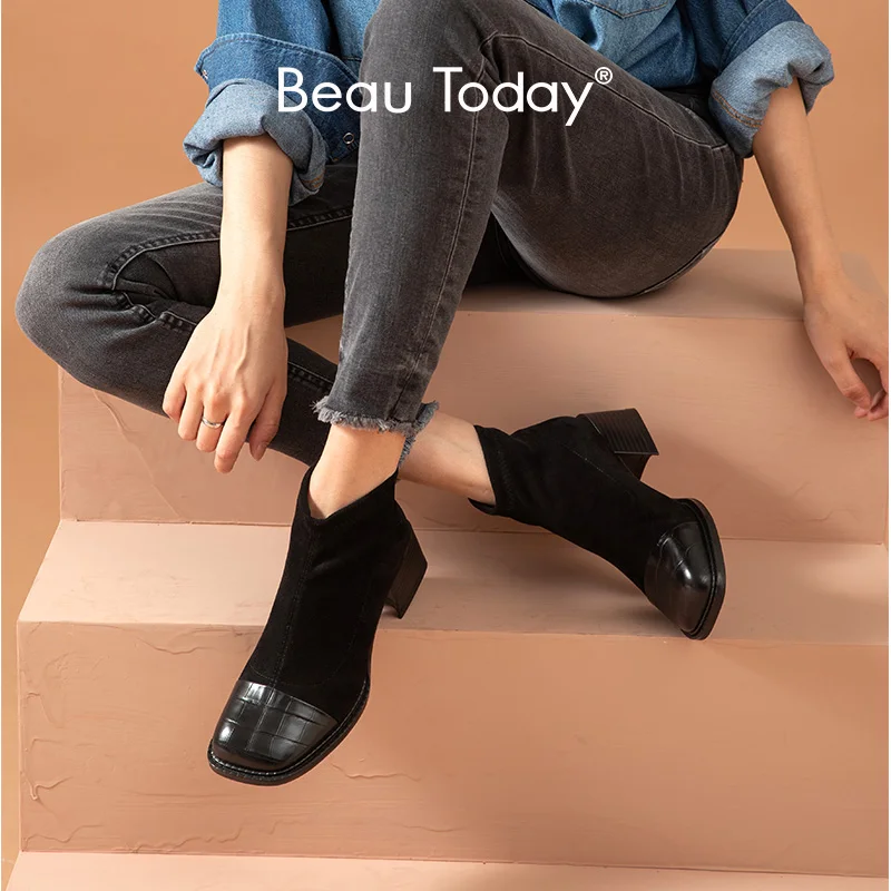 Ladies Shoes Ankle-Boots Alligator-Pattern Women Square Toe Calfskin Winter Patchwork