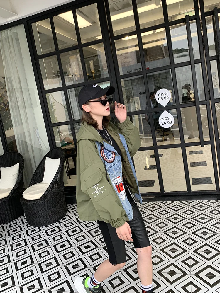 Women Army green New sequined letter badge hooded jacket female loose Jacket Casual Long sleeve Coat fashion Outerwear tops