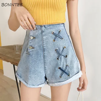 

Shorts Women Trendy Chic Korean Single Breasted Denim Fashion Womens Elegant Button Cross Rope Popular Female Crimping Wide Leg