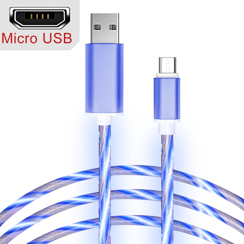 1 м 2A светодиодный светящийся струящийся Micro usb type C кабель для Xiaomi для huawei для samsung S9 Android USB зарядное устройство TPE яркий кабель для передачи данных - Цвет: Blue For Mirco USB