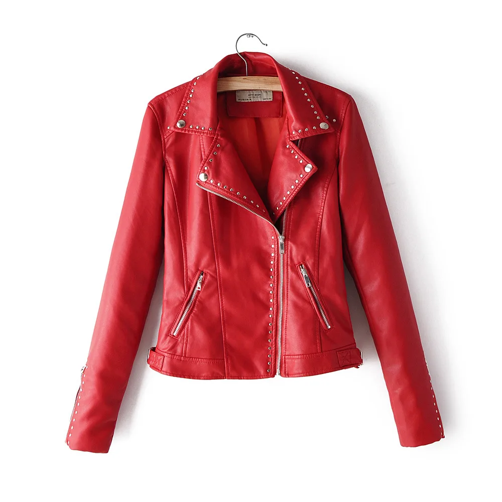Осенняя женская короткая куртка из искусственной кожи, модная, в Корейском стиле, с заклепками, в стиле панк, Байкерская, высокая уличная куртка, плюс размер, Рождественская верхняя одежда - Цвет: Red