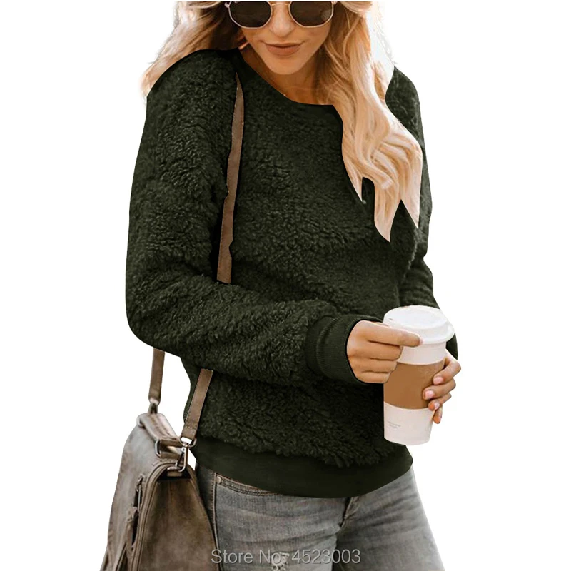 Женская толстовка с круглым вырезом, одноцветные осенние тонкие теплые пуловеры, пальто, топы, повседневные толстовки с длинными рукавами, Женское пальто - Цвет: Армейский зеленый