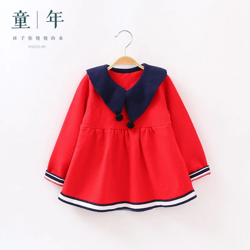 

2019 New Style Autumn Kids' Sweater Girls Solid Color Sailor Collar Line Dress Korean-style Core-Spun Yarn Princess Skirt