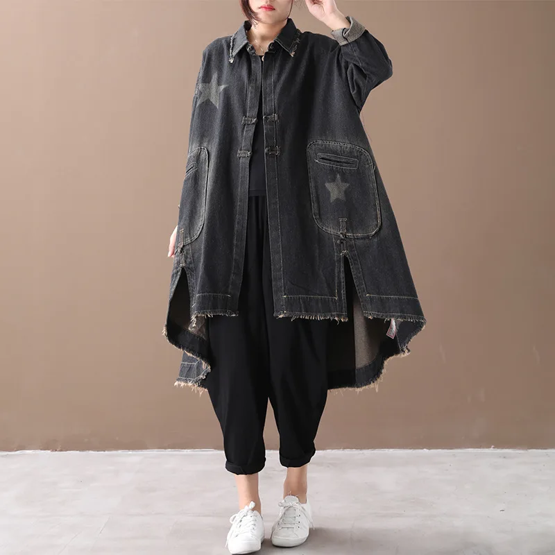 

Oversized Denim Trench Women Harakuju Style Cowboy Windbreaker old color Loose Irregular Big Size Retro jean Cardigans outerwear