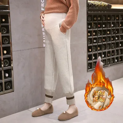 619# Autumn Winter Thicken Warm Woolen Maternity Pants Belly Straight Loose Pants Clothes for Pregnant Women Pregnancy Trousers 613 Winter Beige