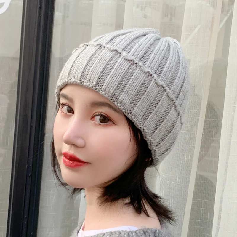 Skullies, одноцветная Зимняя шерстяная вязаная шапка, женская шапка Gorras, повседневная, утолщенная, теплая, женская, мягкая, Балаклава, шапка бини, лыжная - Цвет: gray