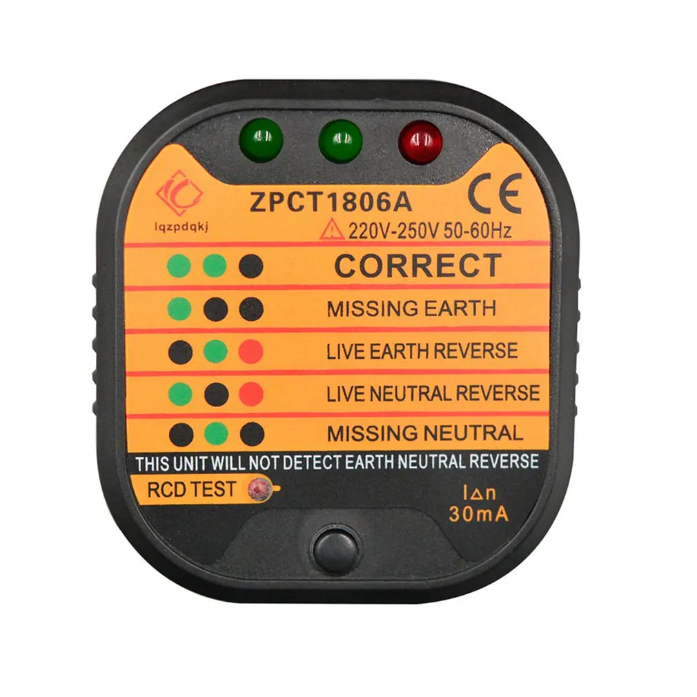 ZPCT1806A розетка тестер детектор цепи полярности напряжение выключатель Великобритании заземление нулевой линии переключатель безопасности электроскоп