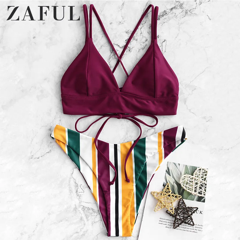 ZAFUL бикини крест-накрест на шнуровке Мульти полосатый с высоким вырезом Спагетти