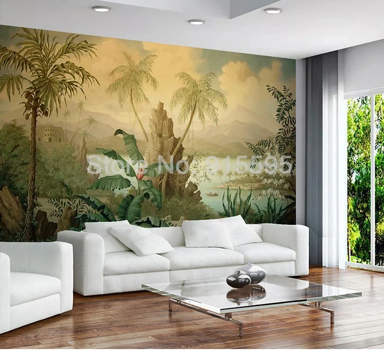 óleo de paisagem, tropical, floresta tropical, banana, árvore de coco