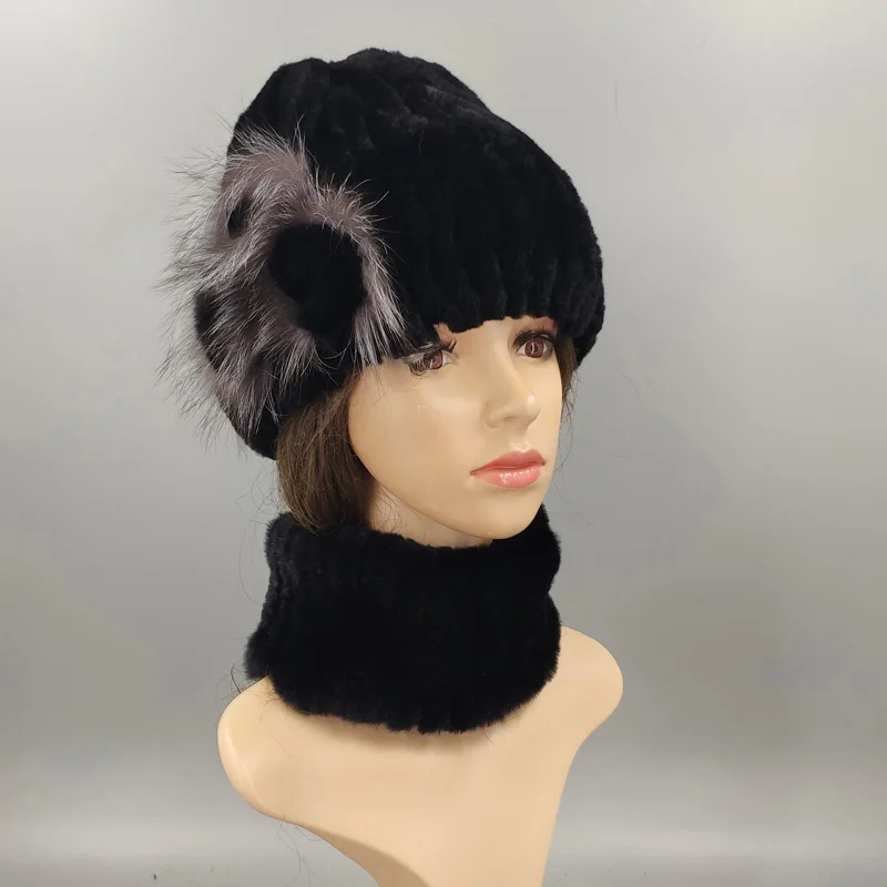 Зимние женские головные уборы Лисий помпон из меха кролика skullies beanies Теплые эластичные модные пушистые уличные Стильные Шапки из натурального меха - Цвет: Черный