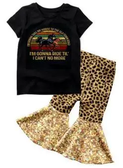 

black printing t-shirt+leopard print gold sequins pants girl outfits