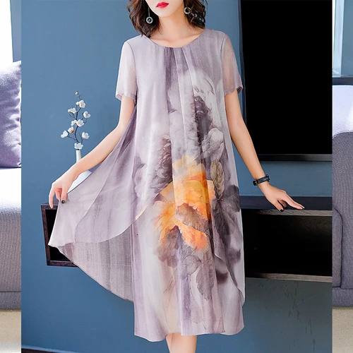 

2019 Summer Chinese Style Silk Retro Improvement Dresses Temperament Plus Size Printed Straight O-neck Women Clothes