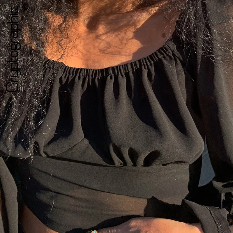 

Cryptographic Slash Neck Black Chiffon Blouse Shirts Flare Sleeve Fashion Sexy Crop Tops Shirt Blouses for Women Streetwear