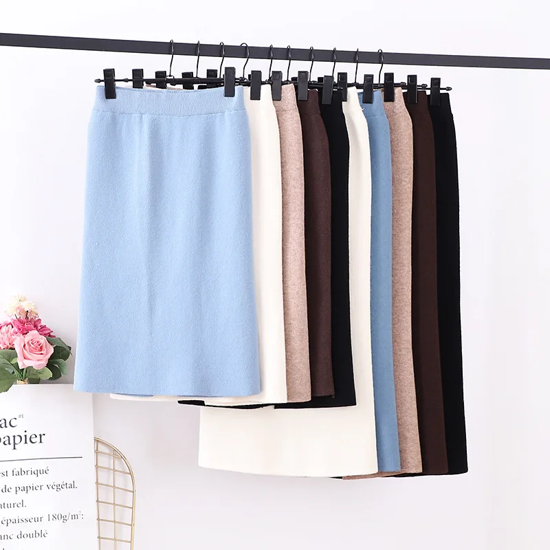 

60-90CM Elastic Band Women Skirts Autumn Winter Warm Knitted Straight Skirt Ribbed Ribbed Mid-Long Skirt Black