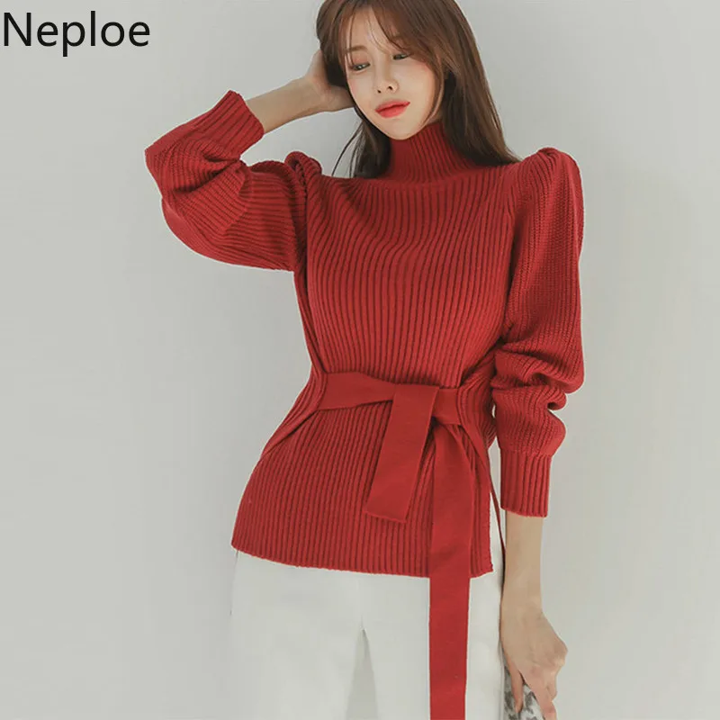 Neploe/осень-зима, Женский однотонный водолазка, пояс с высокой талией, свитер, мягкий вязаный, с пышными рукавами, с разрезом по бокам, элегантные топы, свитера, 46282