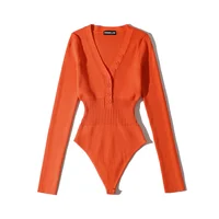Summer one piece outfits for women sexy deep v neck bodysuit women bodycon bodysuit long sleeve button up bodysuit knitted - Image 3