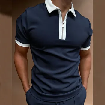 2021 Men's Simple Comfy Zipper Top Turn-down Collar Blouse Swallow Gird Splice Polos Shirt High Quality Daily Casual Polos Shirt 8