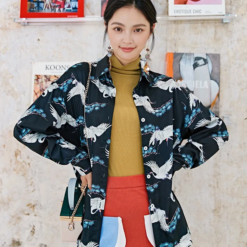 Осенний дизайн Gloria& Grace Instagram, черная, красная, с рисунком Журавля, свободный шифоновый топ, блузка, рубашка