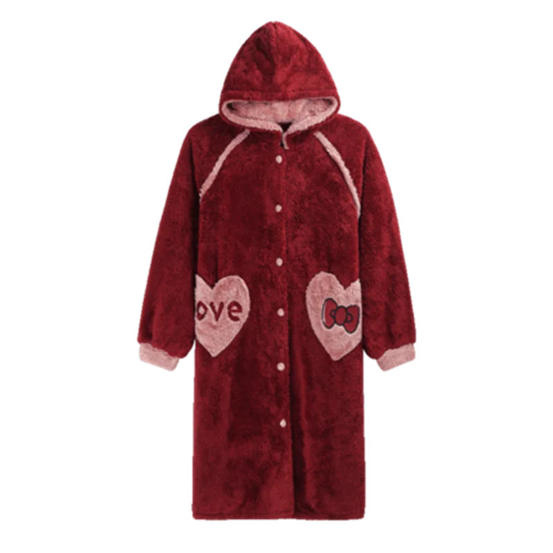 Autumn And Winter Coral Velvet Hooded Pajamas Women'S Thickened Long Wine Red Nightdress Cartoon Girl Flannel Home Clothes  Robe