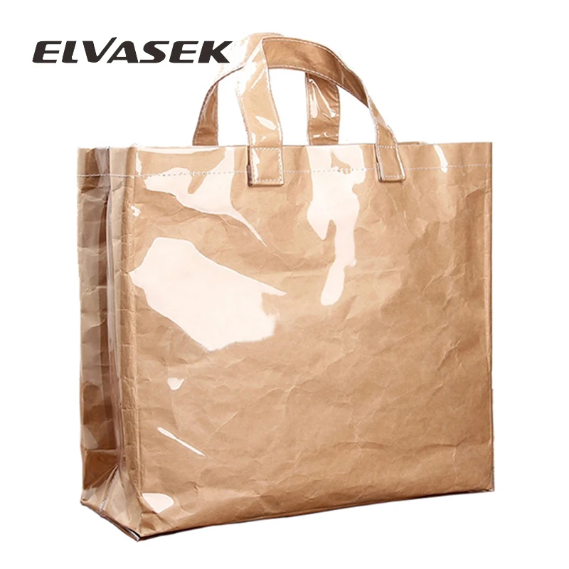 

ELVASEK New Women Large Capacity Handbag Lady Casual Totes Cross-section Square PVC Kraft Pleated Fashion Female Bag