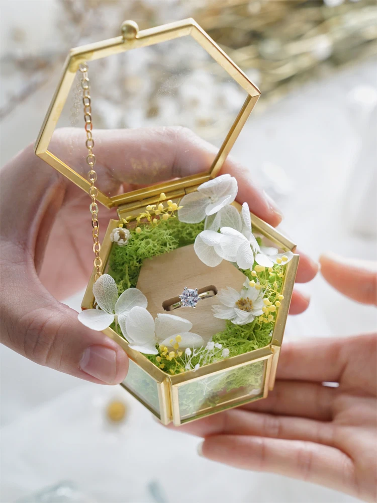 Роскошный светодиодный стеклянный футляр для свадебного кольца, подарок на день Святого Валентина, геометрическое кольцо, коробка для носителя старинного цветка, стеклянный держатель для кольца, украшение