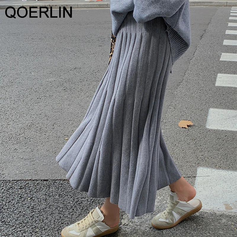 QOERLIN Mermaid Sweater Skirts Women Mid-length  Knitted Skirt Female Autumn Winter A-line Skirt High Waist Slim Pleated Skirt issey miyake men s pleated mid length suits japanese autumn trend homme plisse pendant casual top loose coat windbreakers jd202