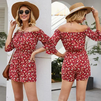 

2020 Spring and Summer New Bohemian Neckline Lace-up Horizontal Neck Three-Quarter Sleeve Floral Jumpsuit