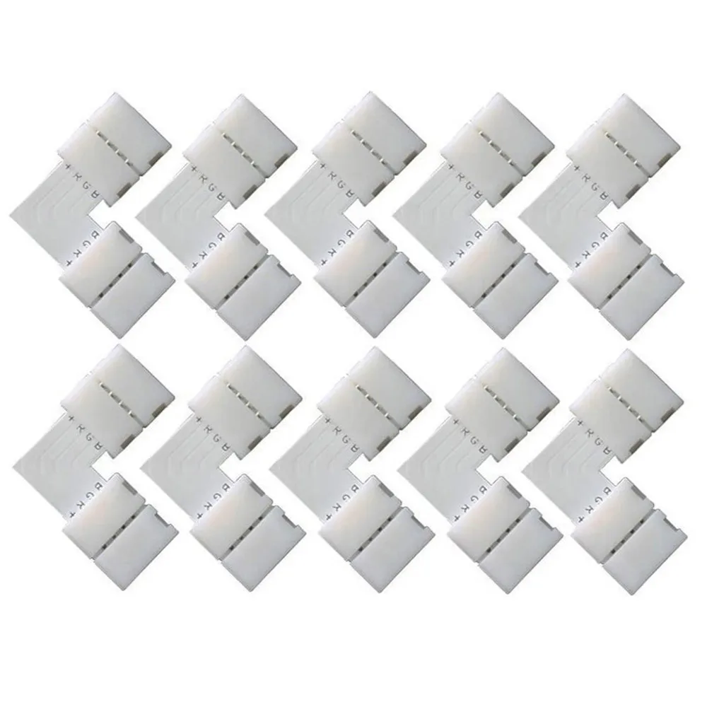 Tira de luces LED Flexible, 10mm, 4 pines, forma de L, conectores de esquina de 90 grados sin soldadura RGB para cinta de luz 5050 2835/3528