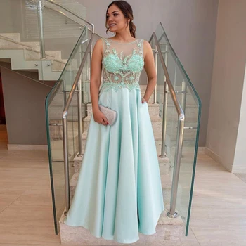 

Illusion Light Green Appliques Long Prom Gowns Backless A-Line Satin Evening Party Dresses Vestidos De Fiesta Plus Size