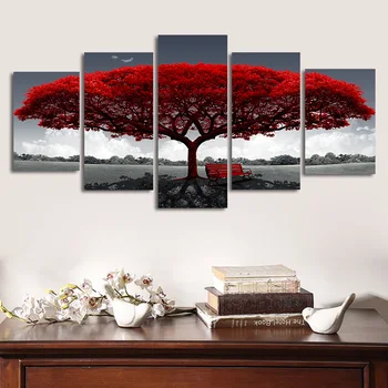 

Red big tree canvas painting five pcs modern wall art home decoration posters and prints pictures for living room frameless