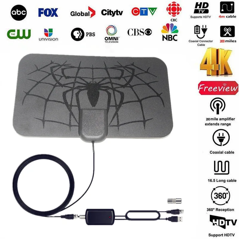 Indoor TV Antenna Digital HDTV Amplifier Signal Booster DVB-T2 Clear Satellite Dish TDT TV Receptor Aerial High Gain Thin Spider