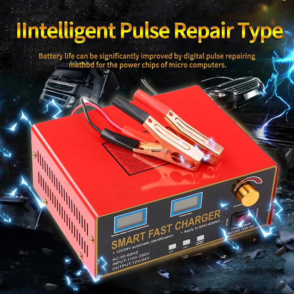 

12V 24V 600W Intelligent Pulse Repair Car Battery Charger Full Automatic Manual Mode LED Monitor Quick Power Charge Adapter