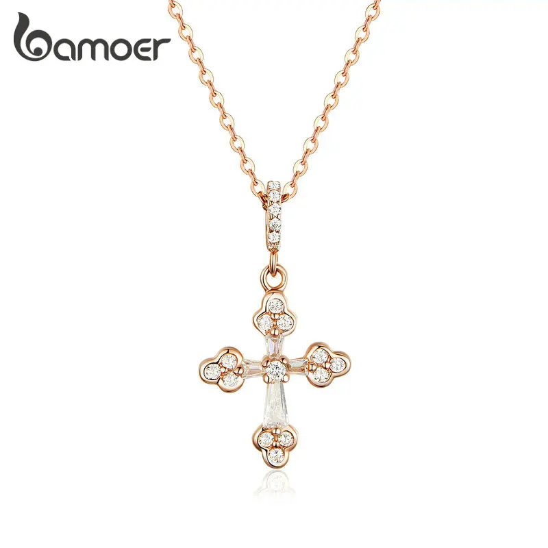 Bamoer, настоящее 925 пробы, серебряное ожерелье с подвеской, розовое, золотое, готический крест, ожерелье для женщин, хорошее ювелирное изделие, 45 см, GAN139