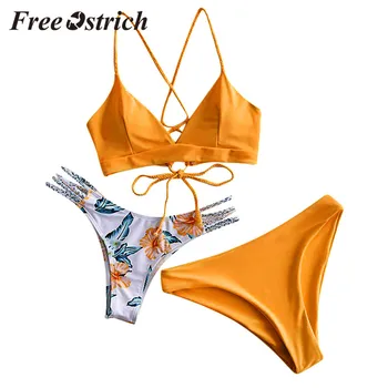 

Free Ostrich Sexy Underwear Women Flower Biquini Set 3 Pieces Padded Push Up Bra Low Waist Panties Women Two-Piece Bathing Suit