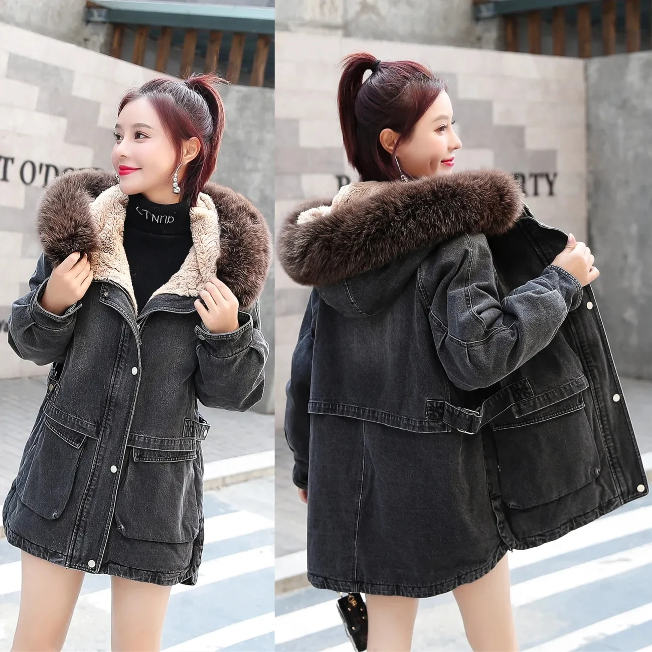 

Autumn Winter Vintage Plus Velvet Denim Jacket Womens Mid-Length Warm Denim Coat Cotton Hooded Parka Coat With Fur Collar Parkas