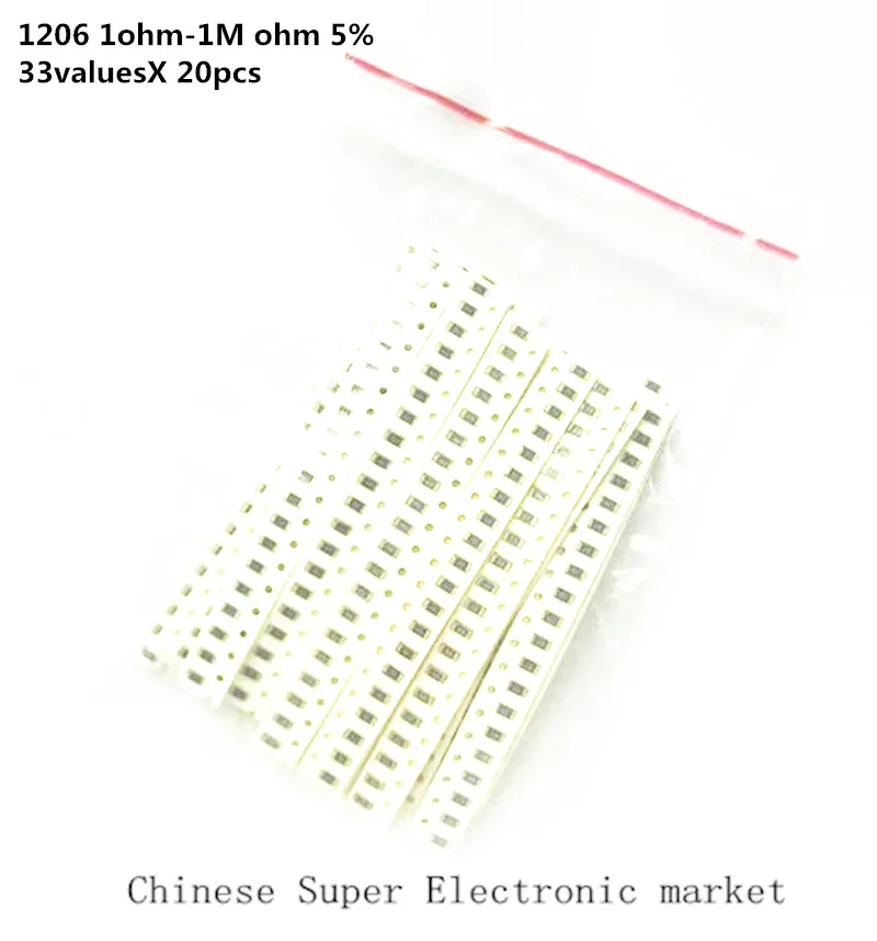 Комплект резисторов 660 шт./лот 1206 SMD комплект в ассортименте 1 Ом 1М 5% 33 значения 20