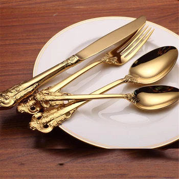 

Luxury Golden Dinner Set Vintage Western Gold Plated Cutlery Stainless Steel Knife Fork Set Silver Dinnerware Kitchen BB50CJ