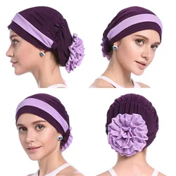 Helisopus New Two-Color Patchwork Islamic Inner Hijab Hat Women Big Ladies Chemo Cap ready to Wear Hijab Bonnet Hair Accessories