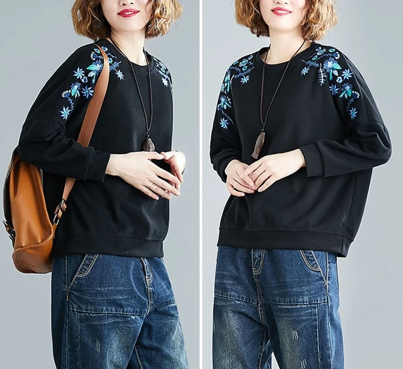 Autumn New Chinese Style Thickened Pullover Sweater Embroidery Cotton Loose Casual Tops Casual High Quality Warm Winter TA2167