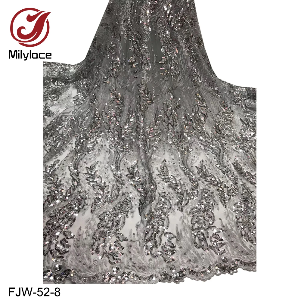 

French Tulle Lace with Sequins Beaded Embroidery Clothing Material African Net Lace Fabric for Nigerian Wedding FJW-52