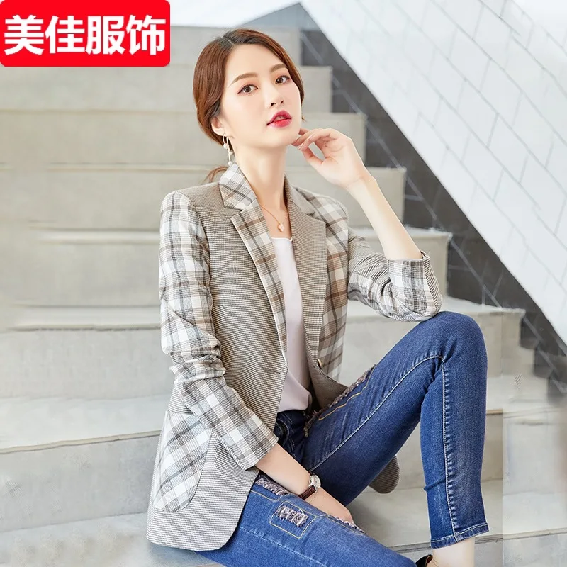 

2019 New Style Long Sleeve Plaid Small Suit WOMEN'S Coat Non-symmetrical Pattern Retro Suit Joint Contrast Color Tops Autumn