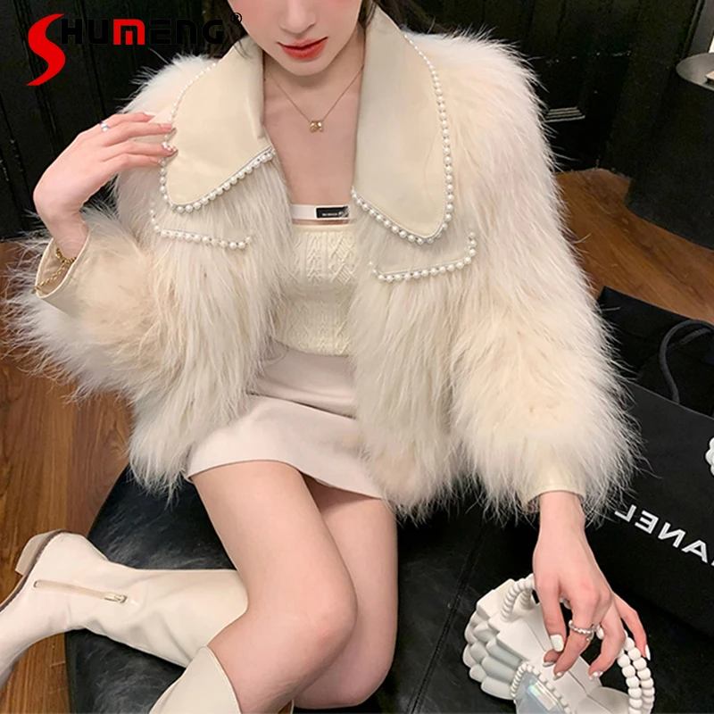 Ladies 2021 New Winter French Pearl Doll Collar Fox Fur Short Coat Women's Fashion High Street Thickened Beaded Furry Jacket | Женская
