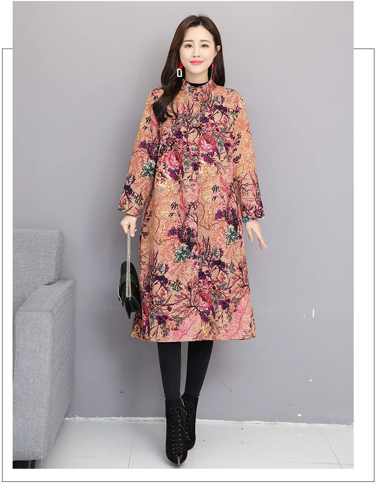 Зима стиль большой размер Ретро Национальный стиль печатных хлопок лен матовый и толстая шляпа лягушки пальто