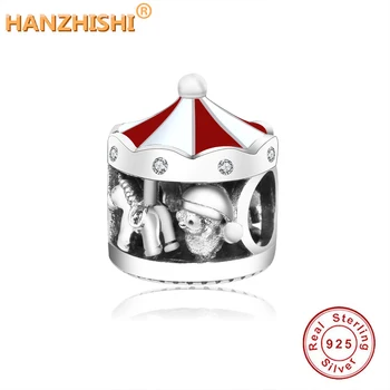 

New 925 Sterling Silver Bead Charm Red Enamel Christmas Carousel With Love Peace Believe Beads Fit Pandora Bracelet DIY Jewelry