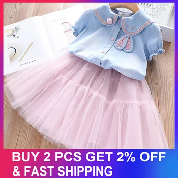 

Girls Clothing Set 2020 Summer Sweet Denim Top Short Sleeve+Solid Tutu Mesh Skirt Fashion 2pcs Sets Children Clothes Sets 3-7Y