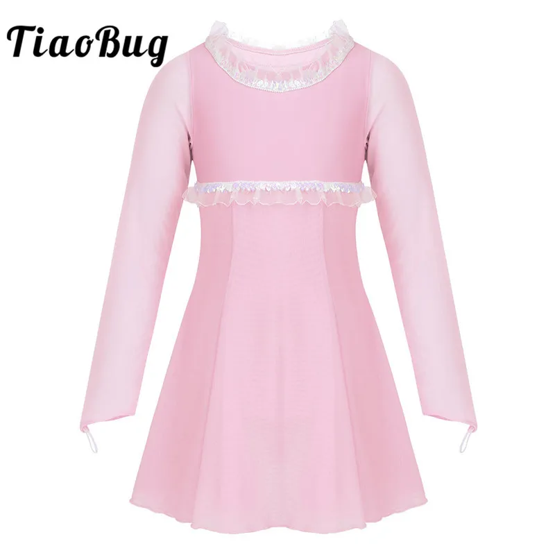 TiaoBug/платье для фигурного катания с длинными рукавами и блестками и оборками для девочек-подростков; гимнастическое балетное трико; костюм для танцевального конкурса