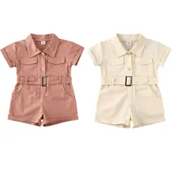 Vêtements d'été pour bébés filles, combinaison avec ceinture, couleur unie 